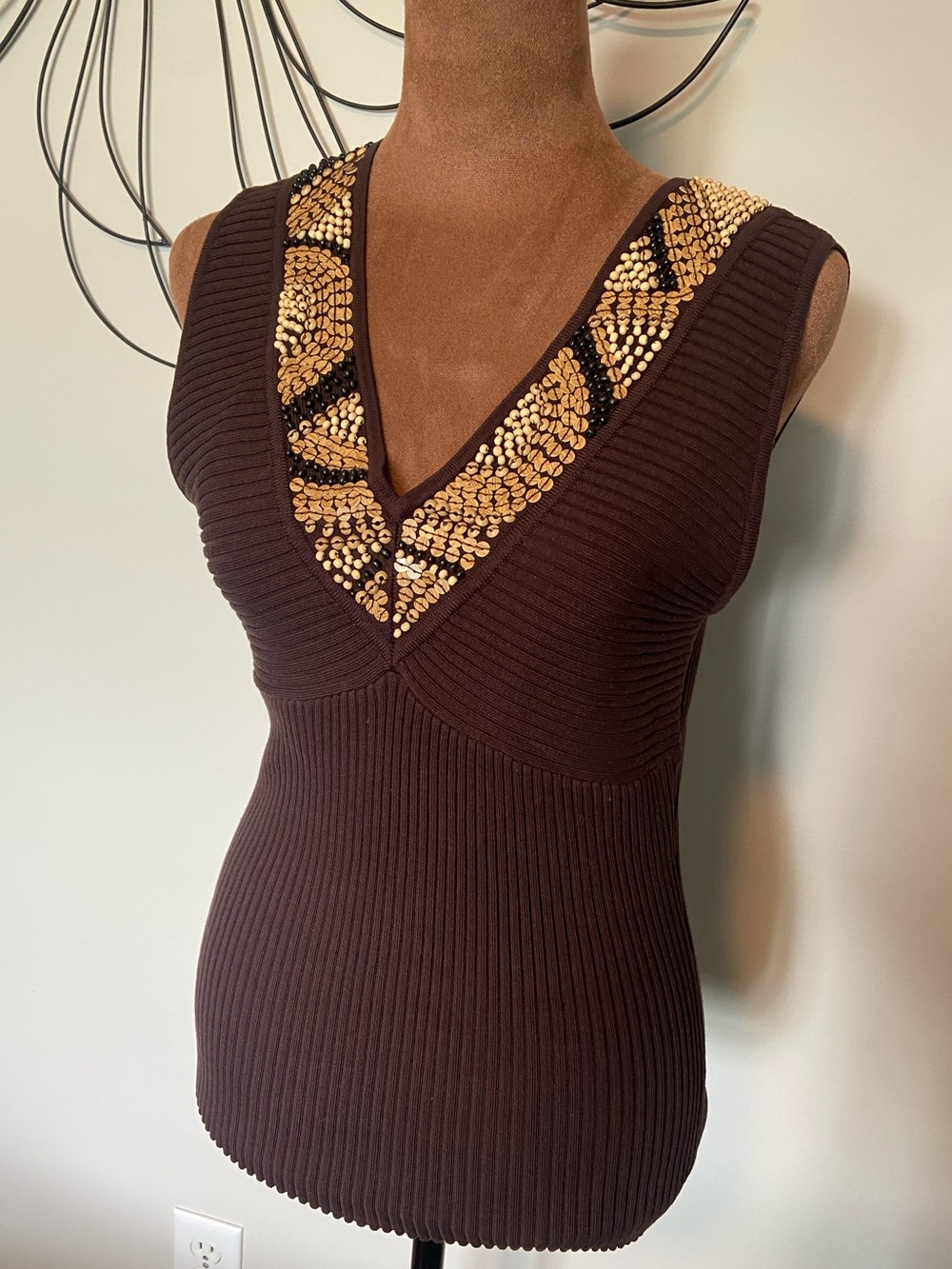 Camille La Vie Brown Beaded Silk Blend V-Neck Ribbed Knit Tank Top Size XL